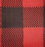 Close-up of red and black Buffalo Plaid Red & Black checkered fabric with a square pattern.
