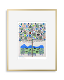 Framed artwork with a colorful design of birds and nature elements on a white background BACK TO EDEN PRINT