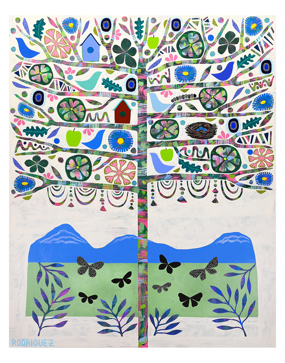 Colorful abstract design with patterns and nature elements on a white background BACK TO EDEN PRINT