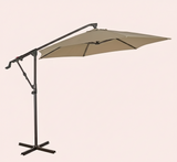 Beige patio umbrella with a black stand on a beige background