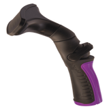 Black and purple garden hose nozzle on a white background