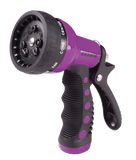 Purple and black garden hose nozzle with multiple spray settings on a white background