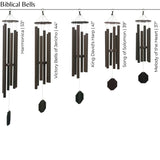 Biblical Bells Series Wind Chimes labeled with their names and lengths on a white background