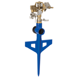 Blue metal lawn sprinkler on a white background