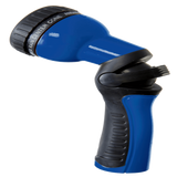 Blue and black garden hose nozzle on a white background
