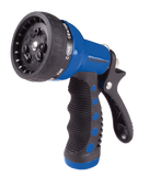 Blue and black garden hose nozzle on a white background