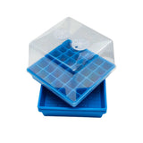 Blue and clear plastic seed tray with transparent lid on a white background