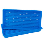 Two blue plastic trays with drainage holes on a white background