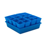 Blue seedling tray with multiple compartments on a white background