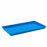 Blue plastic tray with drainage holes on a white background