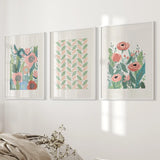 Botanical Pink Poppies Wall Art Poster Decor on a wall with a neutral color scheme.