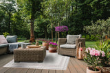 Outdoor patio with wicker furniture, cushions, Border White Sand Outdoor Rug, and potted plants in a garden setting.