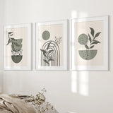 Three framed prints with plant and abstract designs on a wall.