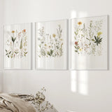 Three framed botanical prints on a wall with a neutral color scheme.