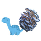 Blue dinosaur next to a large blue and brown mushroom on a white background