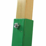 Close-up of a green metal Broadfork bracket with a wooden rod on a white background