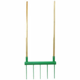 Green Broadfork with wooden handles on a white background