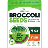 Zestigreens Broccoli Seeds for sprouting and microgreens in a 4 oz resealable pouch. The packaging is white and green with a photo of fresh broccoli sprouts, and text highlighting 'Over 32,000 seeds per pack' and 'Seed to sprout in 5 days'.
