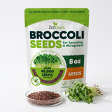 Zestigreens Broccoli Seeds in an 8 oz resealable pouch, shown with a small glass dish of brown seeds and a small cluster of green sprouts on a white background.