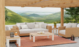 Outdoor patio with wicker furniture, coffee table, and scenic view of mountains. Basket Weave Brown Oxide