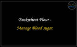Text on a black background promoting buckwheat flour for managing blood sugar