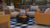 Outdoor patio with wicker chairs, a fire pit, and checkered Buffalo Plaid Black & White rug.