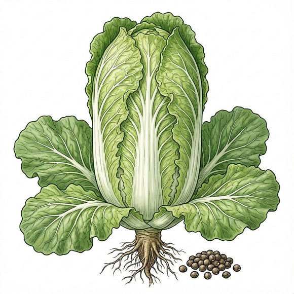 Illustration of a green cabbage with roots and seeds on a white background CABBAGE Seeds, Chinese Michihili