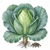 Illustration of a cabbage with roots and seeds on a white background CABBAGE Seeds, Early Jersey Wakefield