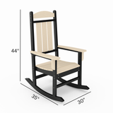 Black and beige Callaway Porch Rocker with dimensions on a white background