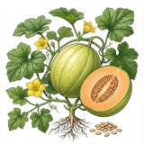 Illustration of a cantaloupe with leaves, flowers, and seeds on a white background CANTALOUPE Seeds, Crenshaw