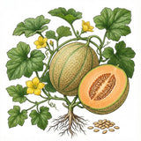 Illustration of a cantaloupe with leaves, flowers, and seeds on a white background CANTALOUPE Seeds, Hearts of Gold