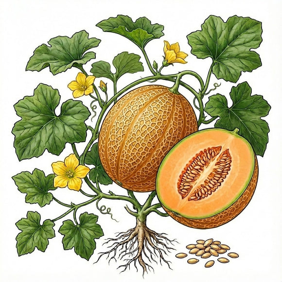 Illustration of a cantaloupe with leaves, flowers, and seeds on a white background CANTALOUPE Seeds, Minnesota Midget
