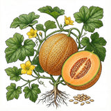 Illustration of a cantaloupe with leaves, flowers, and seeds on a white background CANTALOUPE Seeds, Minnesota Midget

