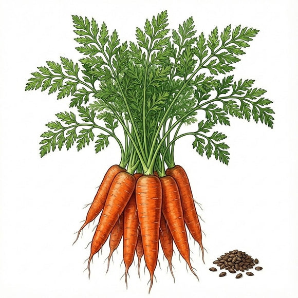 Illustration of carrots with green leaves and seeds on a white background CARROT Seeds, Chantenay