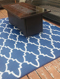Outdoor fire pit table on a blue patterned rug