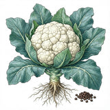 Illustration of a cauliflower with leaves and roots on a white background CAULIFLOWER Seeds, Snowball