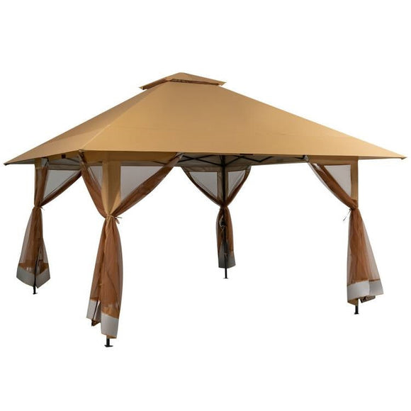Brown 13 x 13 Ft Pop-Up Gazebo Outdoor Canopy w/ Mesh Mosquito Netting Sidewalls - FREE SHIPPING