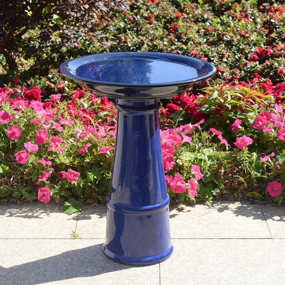 Blue Ceramic Birdbath with 1/2 Gallon Water Basin and Bird Branch Leaf Detailing - FREE SHIPPING
