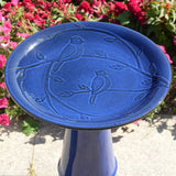 Blue Ceramic Birdbath with 1/2 Gallon Water Basin and Bird Branch Leaf Detailing - FREE SHIPPING