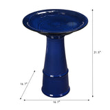 Blue Ceramic Birdbath with 1/2 Gallon Water Basin and Bird Branch Leaf Detailing - FREE SHIPPING