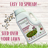 Flaken Seed Kits Crimson Clover Seed Kit on a wooden background with text about spreading seeds over a lawn.