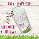 Flawn Seed Kids Crimson Clover Seed Kit on a wooden background with text about spreading seeds over lawns.