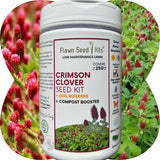 Flawn Seed Kits Crimson Clover Seed Kit with soil builders and compost booster on a background of red clover flowers.