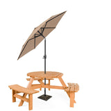 Wooden picnic table with benches and a beige umbrella on a white background