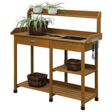 Wooden potting bench with shelves, sink, and plants on a white background