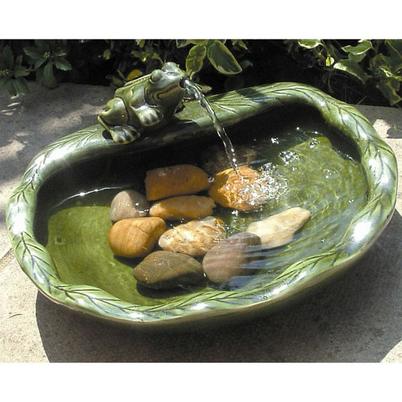 Green Glazed Ceramic Fountain Bird Bath with Frog and Solar Pump - FREE SHIPPING