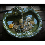 Green Glazed Ceramic Fountain Bird Bath with Frog and Solar Pump - FREE SHIPPING