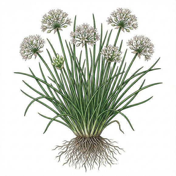 Illustration of chives with green leaves and white flowers on a white background
