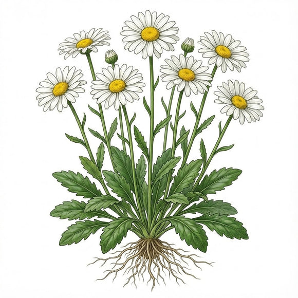 Illustration of a plant with white flowers and green leaves on a white background CHRYSANTHEMUM Seeds, Shasta Daisy