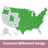 Map of the United States showing the range of Common Milkweed with green states.